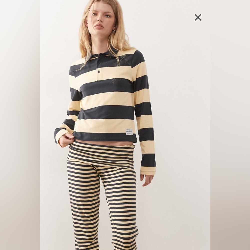 Stripe blue and yellow shrunken polo